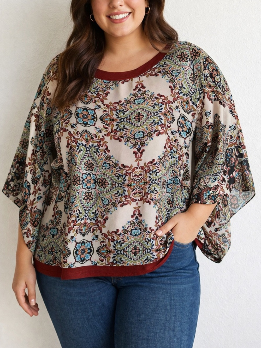 Plus-Size Beige Printed Batwing Blouse with Burgundy Trim